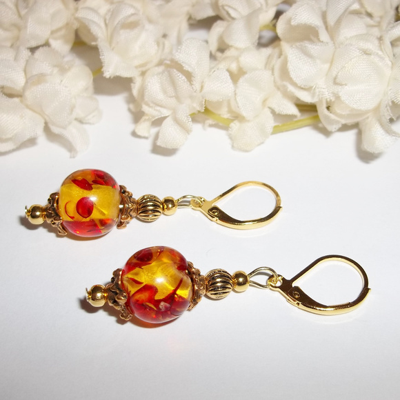 wvluckygirl | Jewelry | Red Yellow Gold Beaded Earring Set Pair Nwt ...